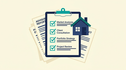 Flat vector illustration of professional real estate advisory documents and checklist