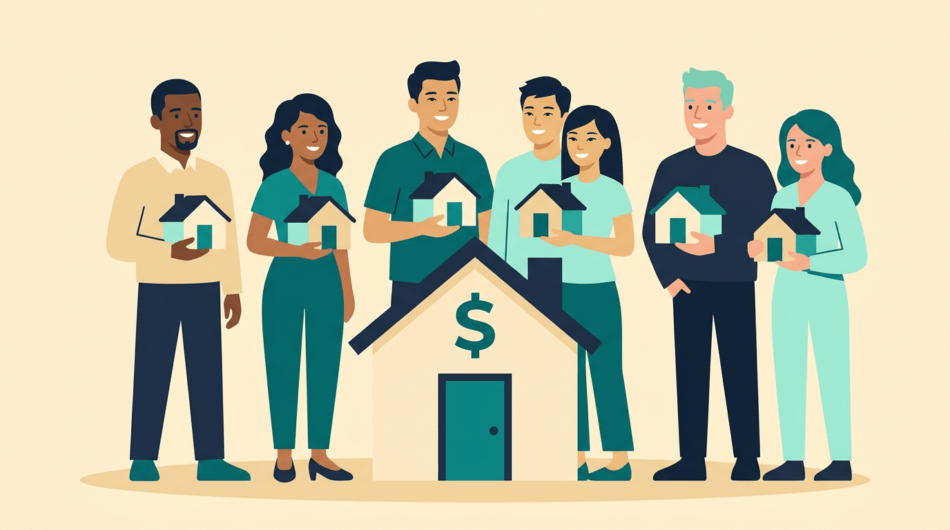 Flat vector illustration of diverse homeowners representing the HelpASAP investor network
