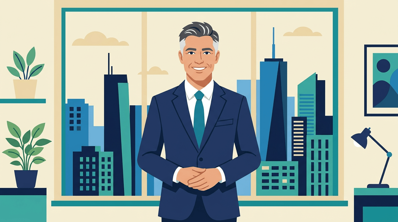 Flat vector illustration of James Carter, President of HelpASAP, in a professional office setting