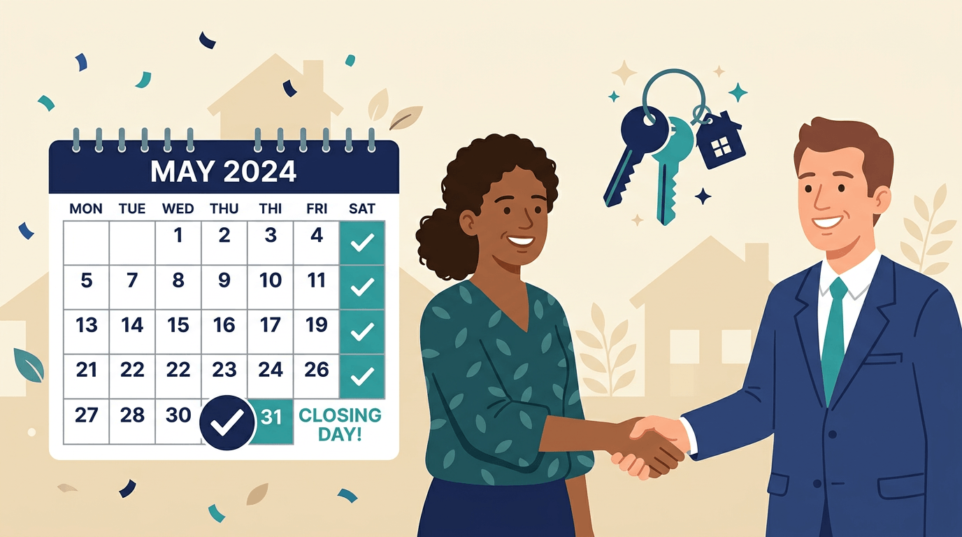 Flat vector illustration of a homeowner and agent doing a handshake on closing day with calendar and keys