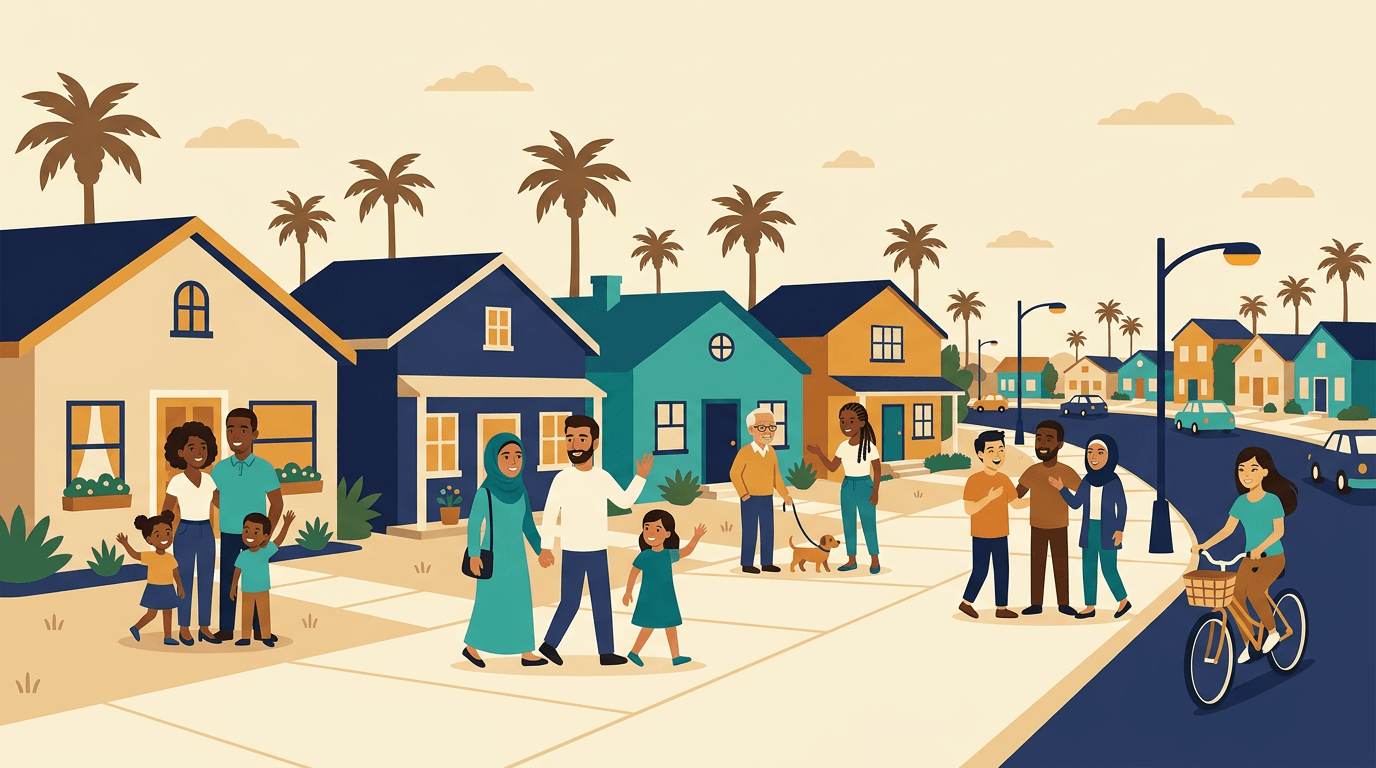 Flat vector illustration of a diverse California neighborhood community street scene
