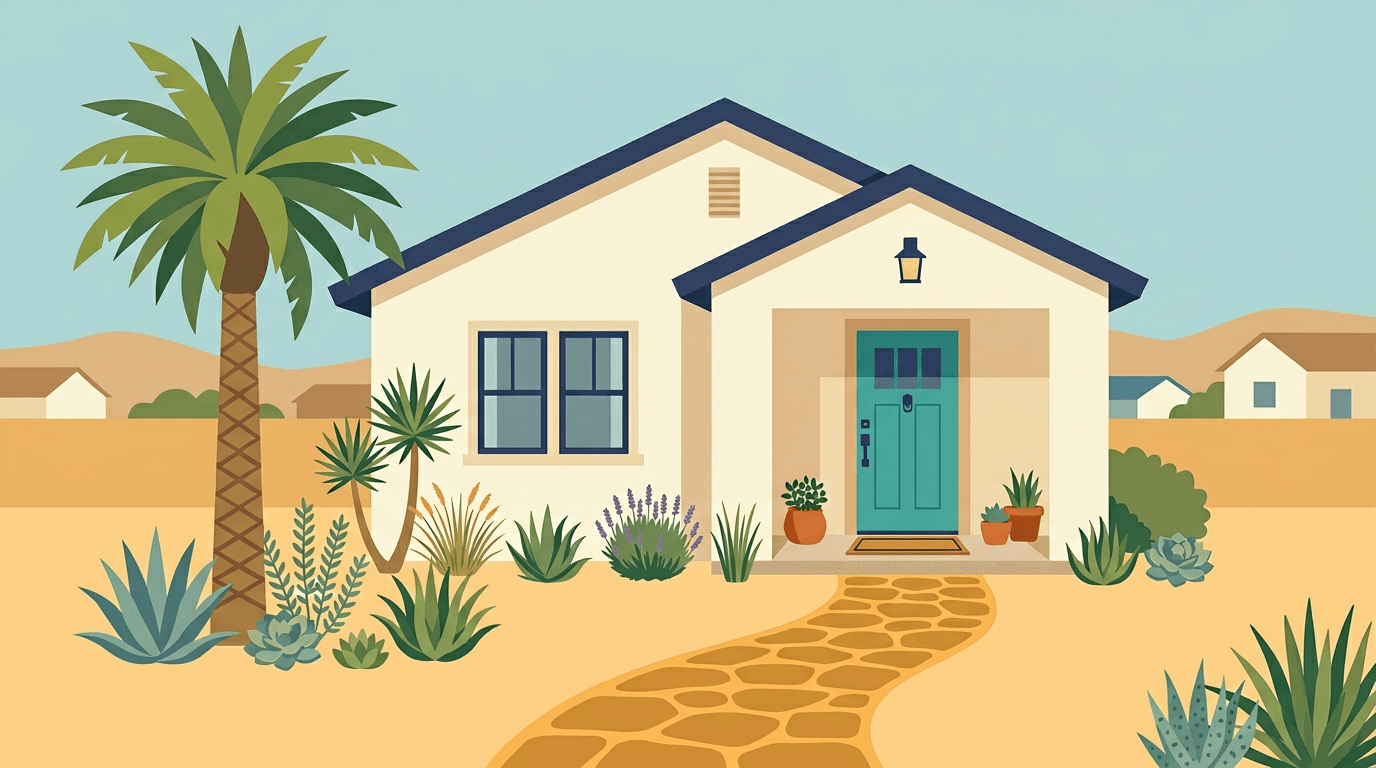 Flat vector illustration of a warm California home exterior with teal front door and desert landscaping