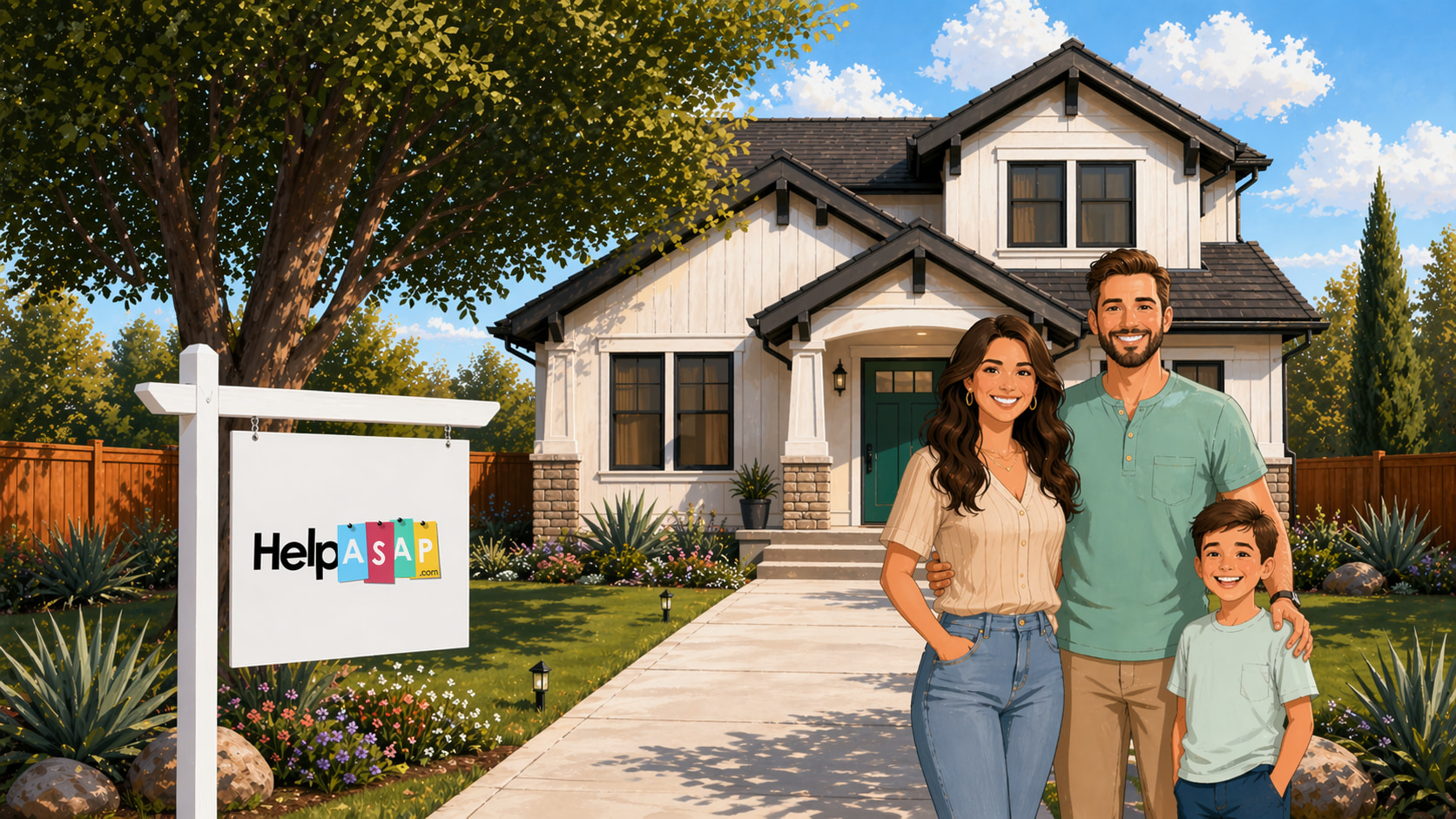 A family in front of their California home