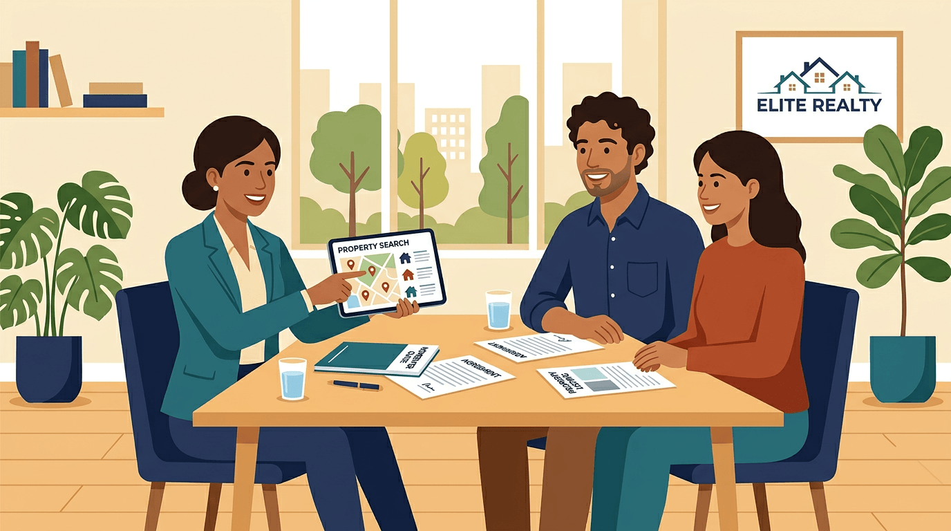 Flat vector illustration of a real estate advisor meeting with a homeowner couple in a modern office