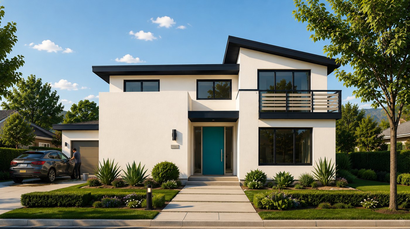 A modern California home with a clean exterior and teal front door