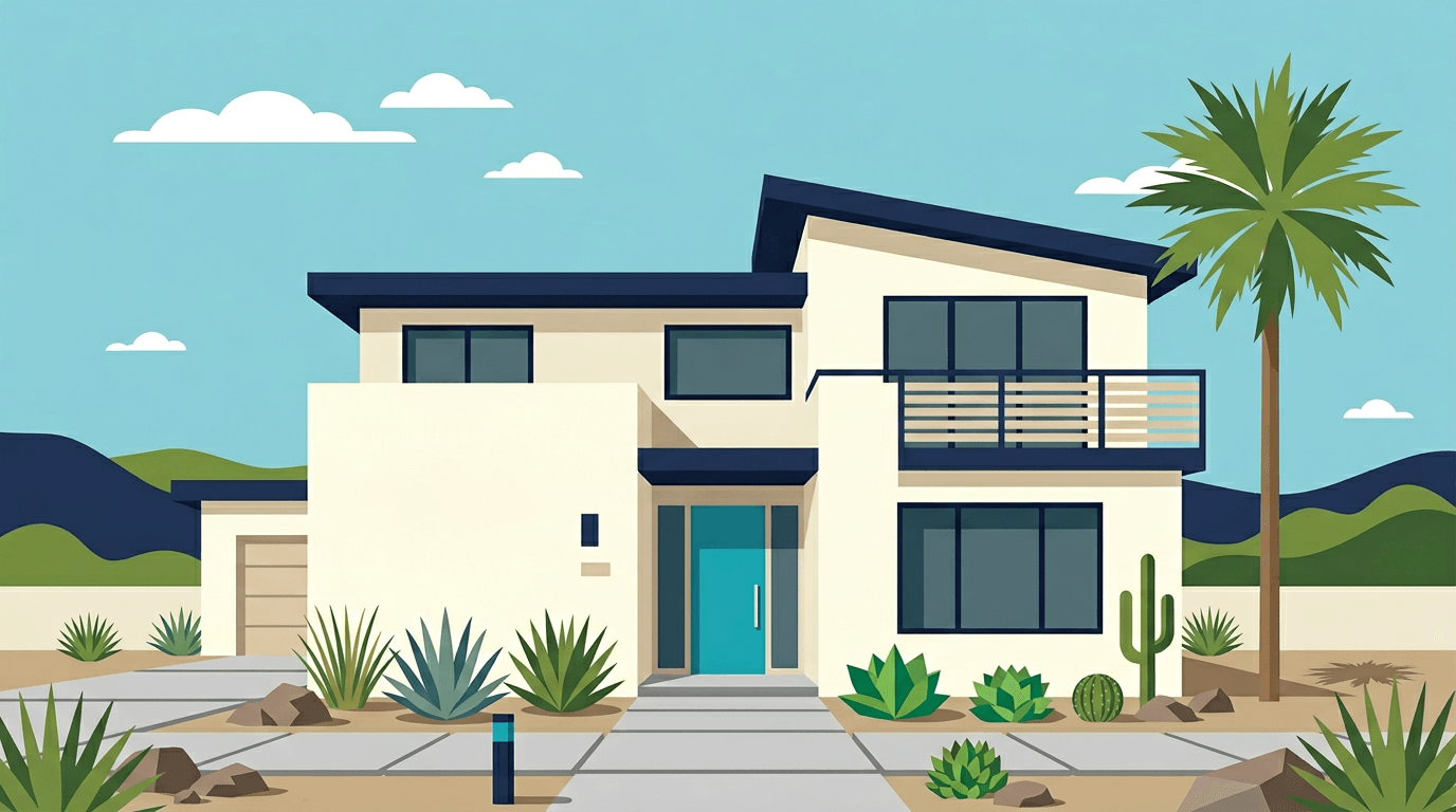 Flat vector illustration of a modern California home exterior with clean lines and teal front door
